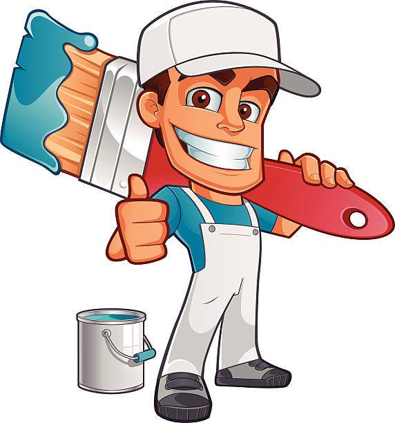 Sympathetic painter dressed in work clothes, he carries a brush